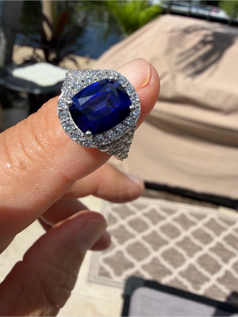 Blue 3.68 Sapphire With Diamond Halo Statement Ring - Women's Jewelry Size 6.5